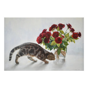 Kat en rode rozen – realistische olieverfprint foto afdruk