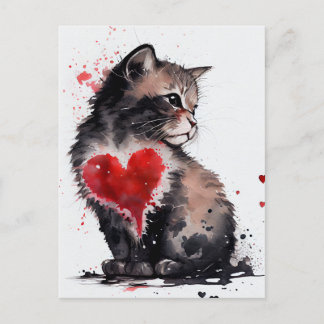 Kat- en rode waterverf briefkaart