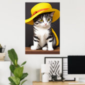 Kat en schattige kat in geel pet | AI Art. Poster (Thuiskantoor)
