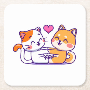 Kat En Shiba Inu Vierkante Kartonnen Onderzetter