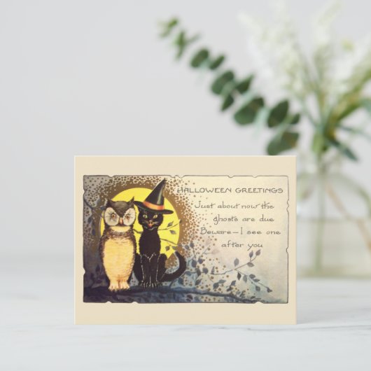 Kat en uil in het Halloween Briefkaart (Staand voorkant)