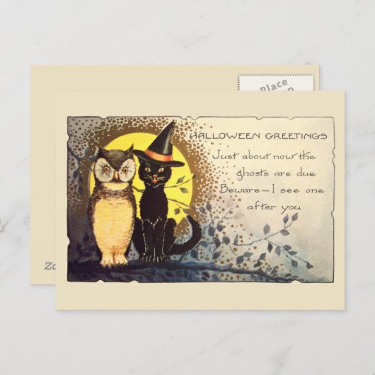 Kat en uil in het  Halloween Briefkaart (Voorkant / Achterkant)