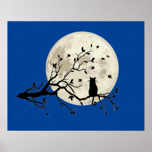 Kat en vogels met een boom-silhouet en een volle m poster