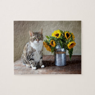 Kat en zonnebloemen legpuzzel