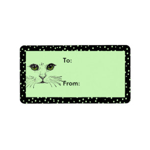 Kat Face Green Eyes Black Polka Dot Border Etiket
