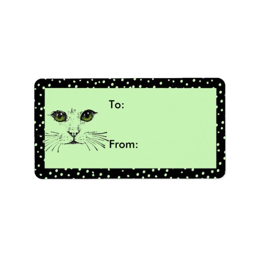 Kat Face Green Eyes Black Polka Dot Border Etiket (Voorkant)
