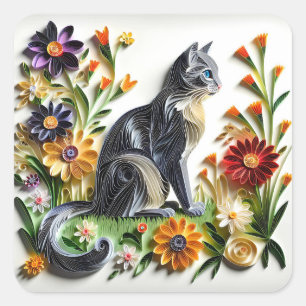 Kat Faux Papier Quilling Kat en Bloemen Vierkante Sticker