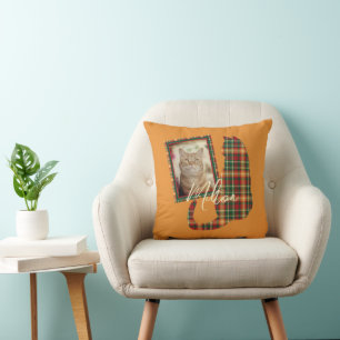 Kat Foto van Tartan Oranje Groen Speld Sierkussen