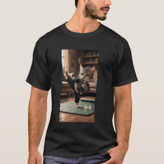 Kat Gekleed Als Martial Artist Doet Hoge Trap In L T-shirt