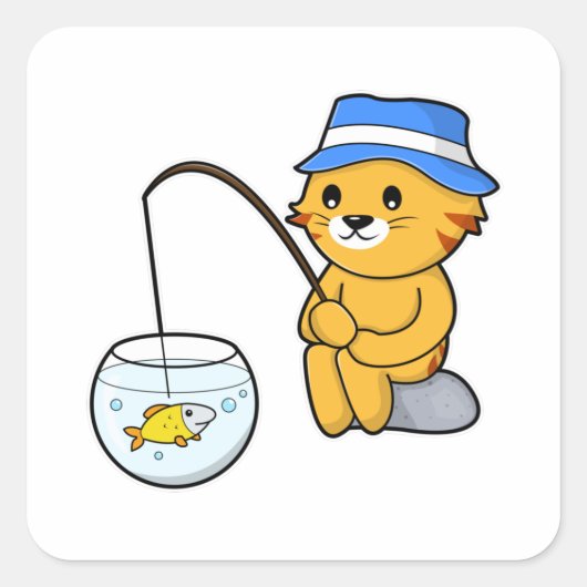 Kat Gevist met vis van glas Vierkante Sticker (Voorkant)