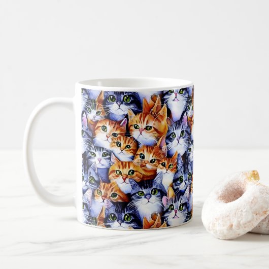 Kat gezichten print cartoon collage patroon schatt koffiemok (Met donut)