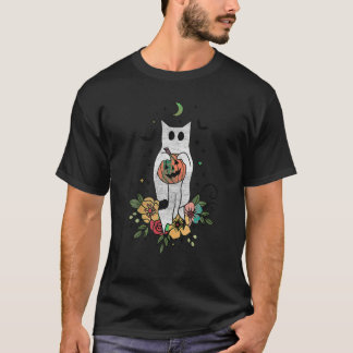  Kat Ghost Halloween Bloemen Groovy Pompoen T-shirt