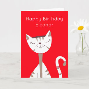 Kat glimlachend Kat Naam Rode Happy Birthday-kaart Kaart