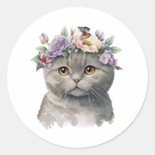 Kat Grijze kleurstof met bloemen en vlinders Ronde Sticker