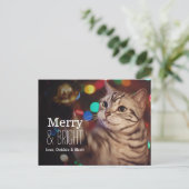 Kat helpt met de kerstboom feestdagenkaart (Staand voorkant)