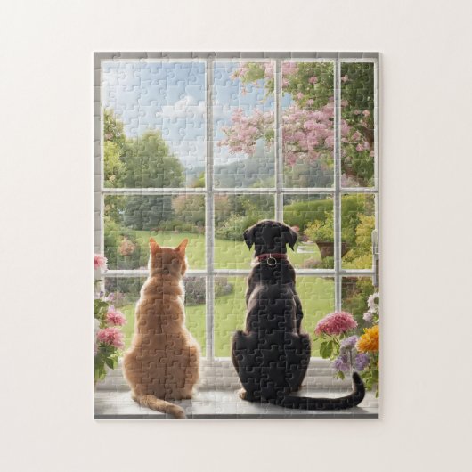Kat Hond Bloemen Tuin Puzzel (Verticaal)