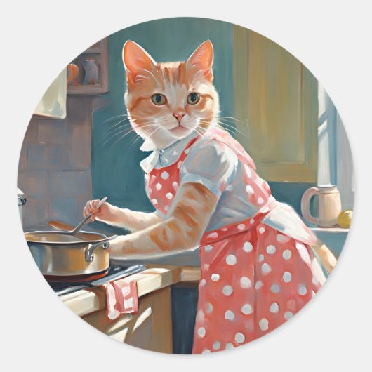 Kat huisvrouw koken diner ronde sticker (Voorkant)