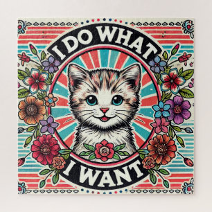 Kat illustratie met bloemen en positieve slogan legpuzzel