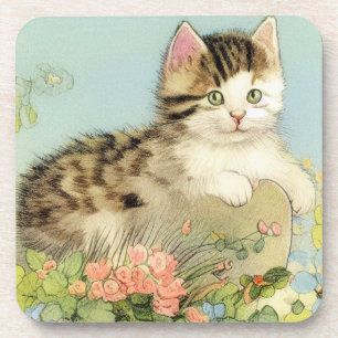 Kat Illustratie met roze bloemen Bier Onderzetter