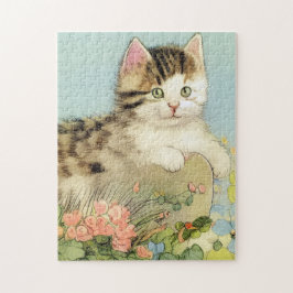  Kat Illustratie met roze bloemen Legpuzzel