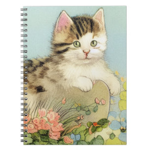 Kat Illustratie met roze bloemen Notitieboek