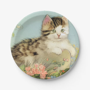  Kat Illustratie met roze bloemen Papieren Bordje