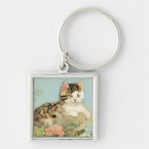  Kat Illustratie met roze bloemen Sleutelhanger