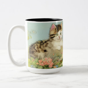 Kat Illustratie met roze bloemen Tweekleurige Koffiemok