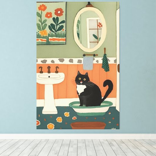 Kat in badkamer V14 Canvas Afdruk (Insitu (Houten vloer))