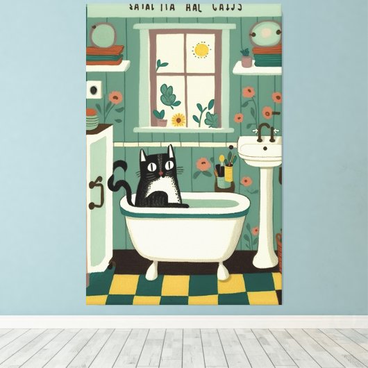 Kat in badkamer V17 Canvas Afdruk (Insitu (Houten vloer))