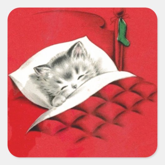 Kat in bed met kerst vierkante sticker (Voorkant)