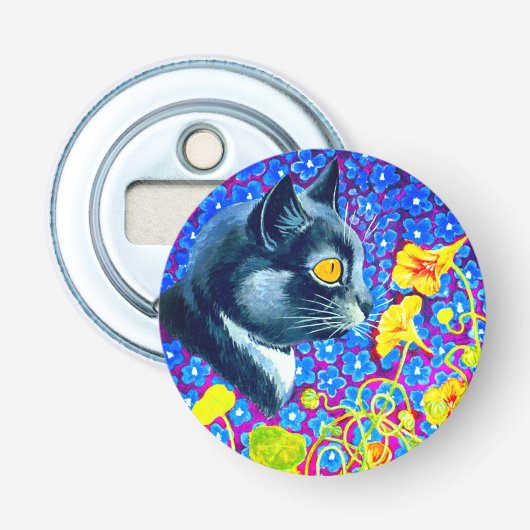 Kat in bloemen button flesopener (Voorkant)