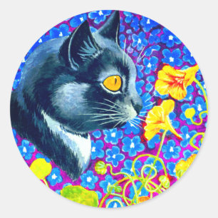 Kat in bloemen ronde sticker
