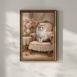 Kat in bloemstoel poster