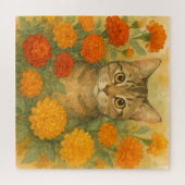 Kat in de herfst bloemen legpuzzel (Horizontaal)
