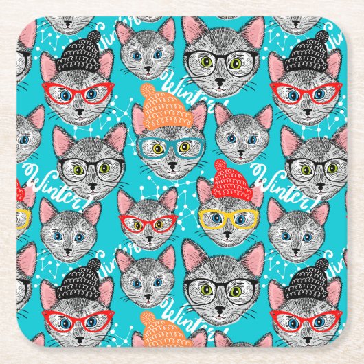 Kat in de pet vierkante kartonnen onderzetter (Voorkant)