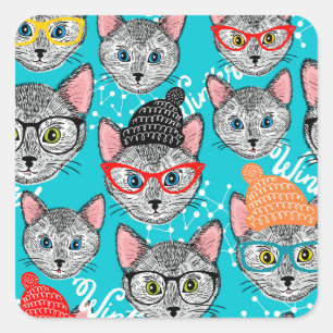 Kat in de pet vierkante sticker