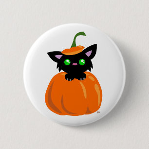 Kat in de pompoenknop ronde button 5,7 cm