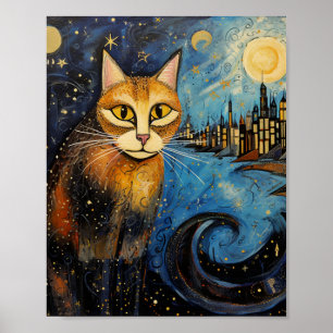 Kat in de Sterrennacht Stad Poster