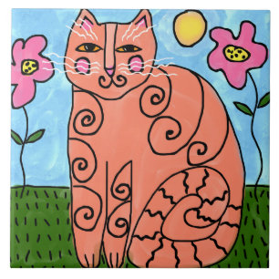 Kat in de tuin Abstract schilderen Tegeltje