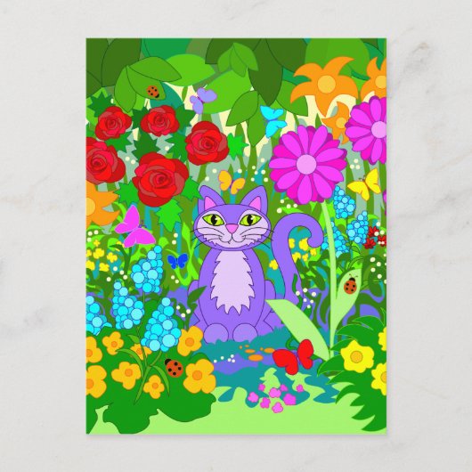 Kat in de tuin van Fantasy Flowers Butterflies Lad Briefkaart (Voorkant)