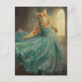 Kat in een blauwe jurk en dansen briefkaart (Voorkant)