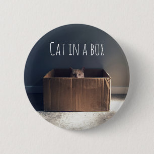Kat in een doos. De Zen-kat-meester. Ronde Button 5,7 Cm