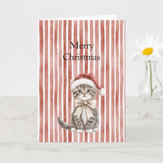 Kat in een hoed Rode Strepen Kerstmis  Kaart (Kleine Plant)