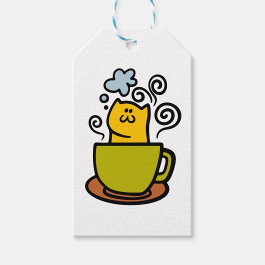 Kat in een koffiekopje cadeaulabel (Voorkant)