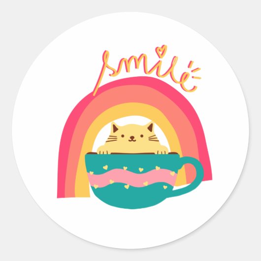 Kat in een Mok Ronde Sticker (Voorkant)