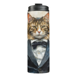 Kat in een pak thermosbeker
