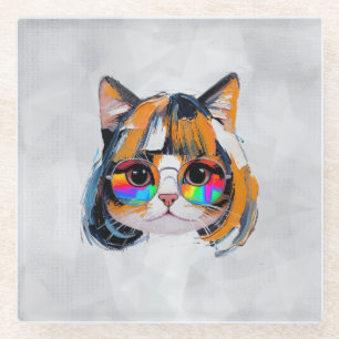 Kat in een Pruik + Zonnebril (Schilderij #2) Glazen Onderzetter
