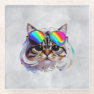 Kat in een Pruik + Zonnebril (Schilderij #3) Glazen Onderzetter