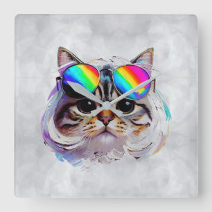 Kat in een Pruik + Zonnebril (Schilderij #3) Vierkante Klok